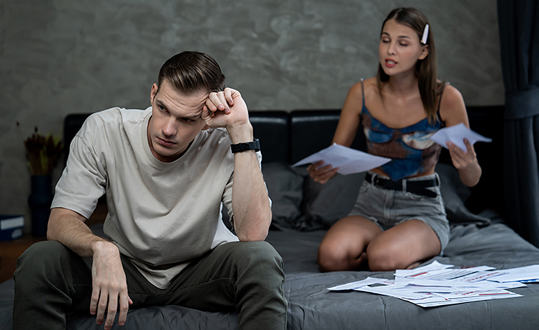 Couple arguing over family finances after husband spent all the money on his addiction