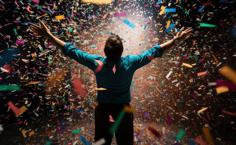 Euphoric man on stage with candy tape falling around him