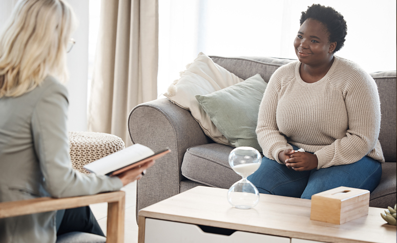 Woman in mental health therapy session for mood swings