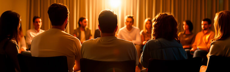 Group of recovering addicts attending an AA 12 step meeting