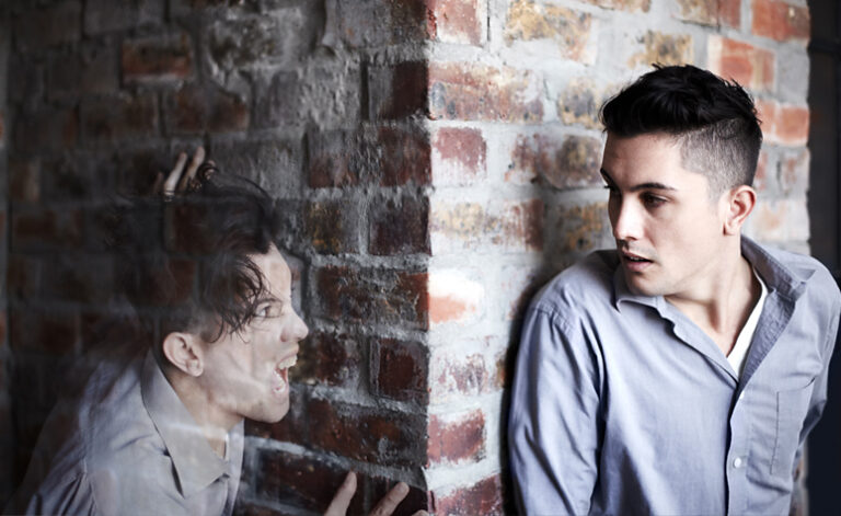 Psychotic man imaging things and full of fear due to drug induced psychosis