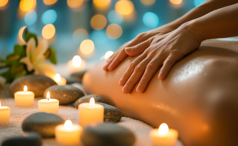 Woman having stone and candle massage as part of holistic therapy treatment