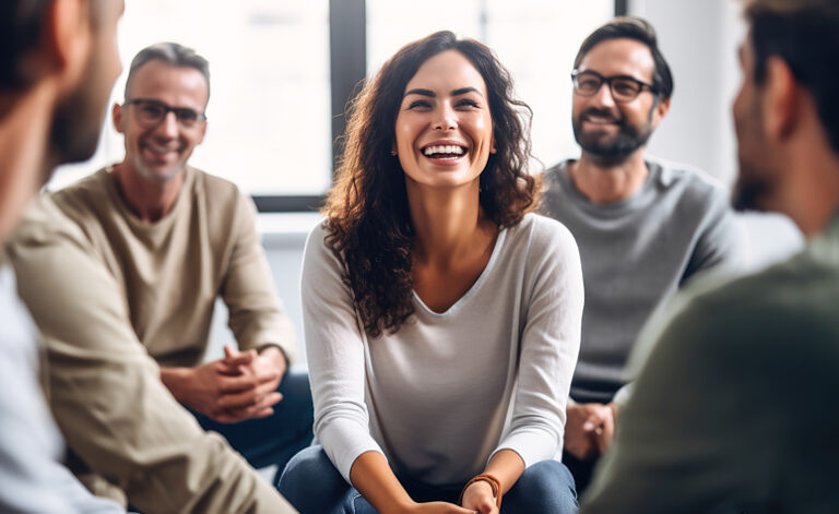 Woman smiling and participating in a 12 step recovery meeting
