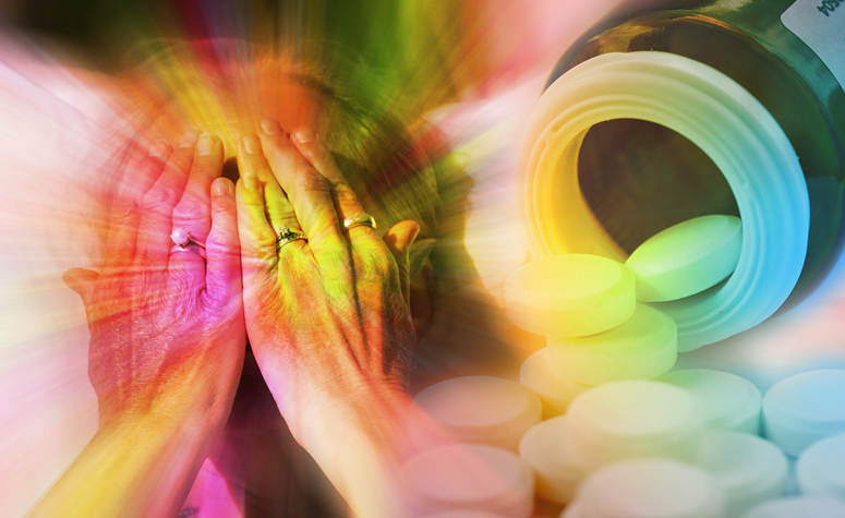 Euphoric woman demonstrating symptoms of addiction to Diazepam